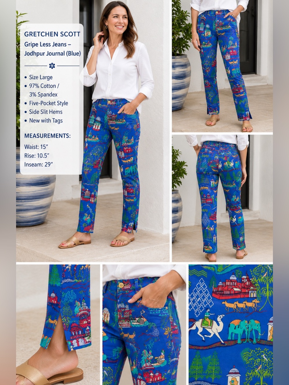 Gretchen Scott Gripe Less Jeans Jodhpur Journal Blue Novelty Print Pants L NWT